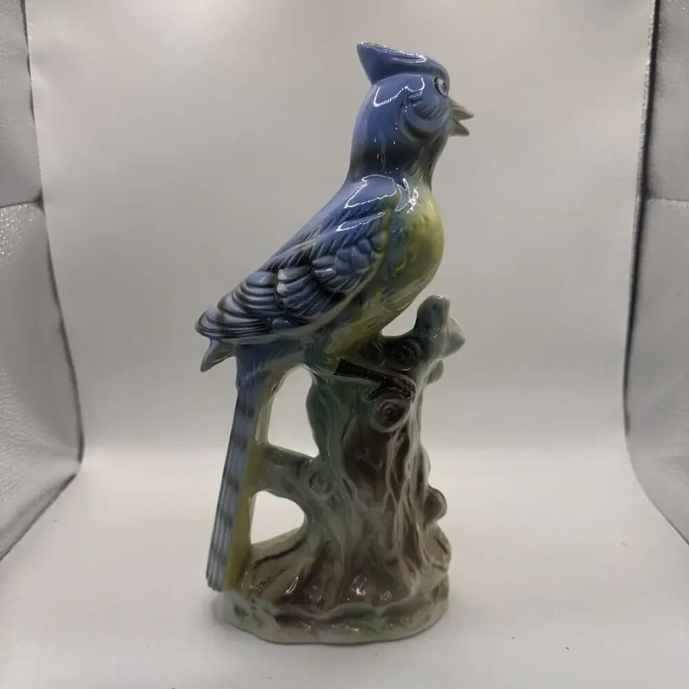Vintage Porcelain Blue Jay Perched On Tree Stump *